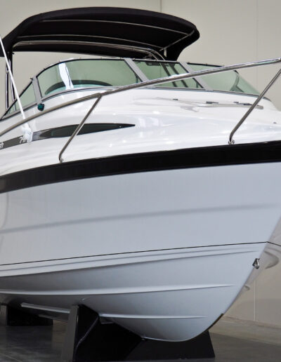 Front view of boat after application of Dura-Seal ceramic paint protection for GelCoats